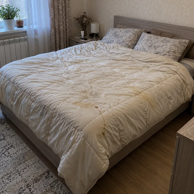 Стёганое одеяло со следом кофе - до уборки